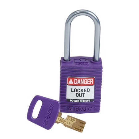 BRADY Compact SafeKey Key Retaining Nylon Padlock 1.5in Aluminum Shackle KD Purple 1PK CPT-PRP-38AL-KD
